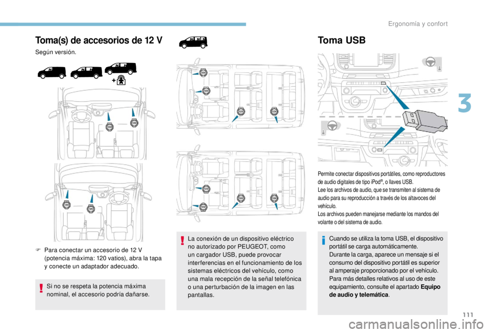 PEUGEOT EXPERT 2018  Manual del propietario (in Spanish) 111
Toma(s) de accesorios de 12 V
Según versión.
F 
P
 ara conectar un accesorio de 12   V 
(potencia máxima: 120
  vatios), abra la tapa 
y conecte un adaptador adecuado.
Si no se respeta la poten