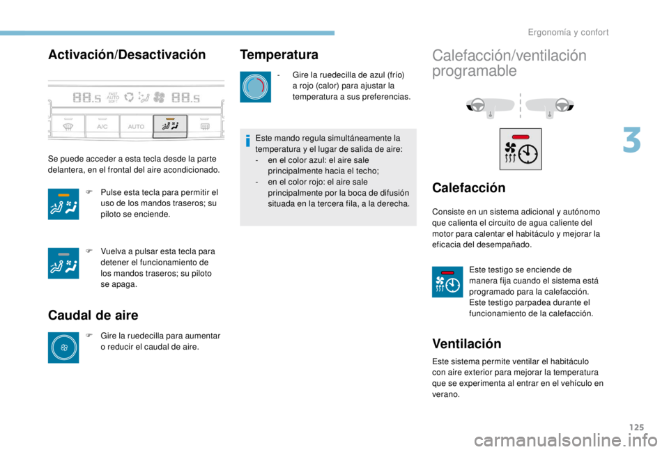 PEUGEOT EXPERT 2018 Manual del propietario (in Spanish) 125
Activación/Desactivación
Se puede acceder a esta tecla desde la parte
delantera, en el frontal del aire acondicionado.F
P
ulse esta tecla para permitir el
uso de los mandos traseros; su
pi PEUGEOT EXPERT 2018 Manual del propietario (in Spanish) 125
Activación/Desactivación
Se puede acceder a esta tecla desde la parte
delantera, en el frontal del aire acondicionado.F
P
ulse esta tecla para permitir el
uso de los mandos traseros; su
pi