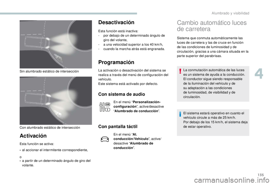 PEUGEOT EXPERT 2018  Manual del propietario (in Spanish) 135
Sin alumbrado estático de intersección
Activación
-al accionar el intermitente correspondiente,
o
- a partir de un determinado ángulo de giro del 
volante.
Desactivación
Esta función está i