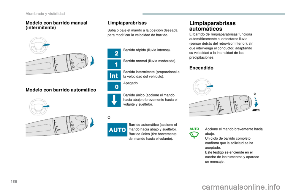 PEUGEOT EXPERT 2018  Manual del propietario (in Spanish) 138
Modelo con barrido manual 
(intermitente)
Modelo con barrido automáticoLimpiaparabrisas
Suba o baje el mando a la posición deseada 
para modificar la velocidad de barrido.
Barrido rápido (lluvi