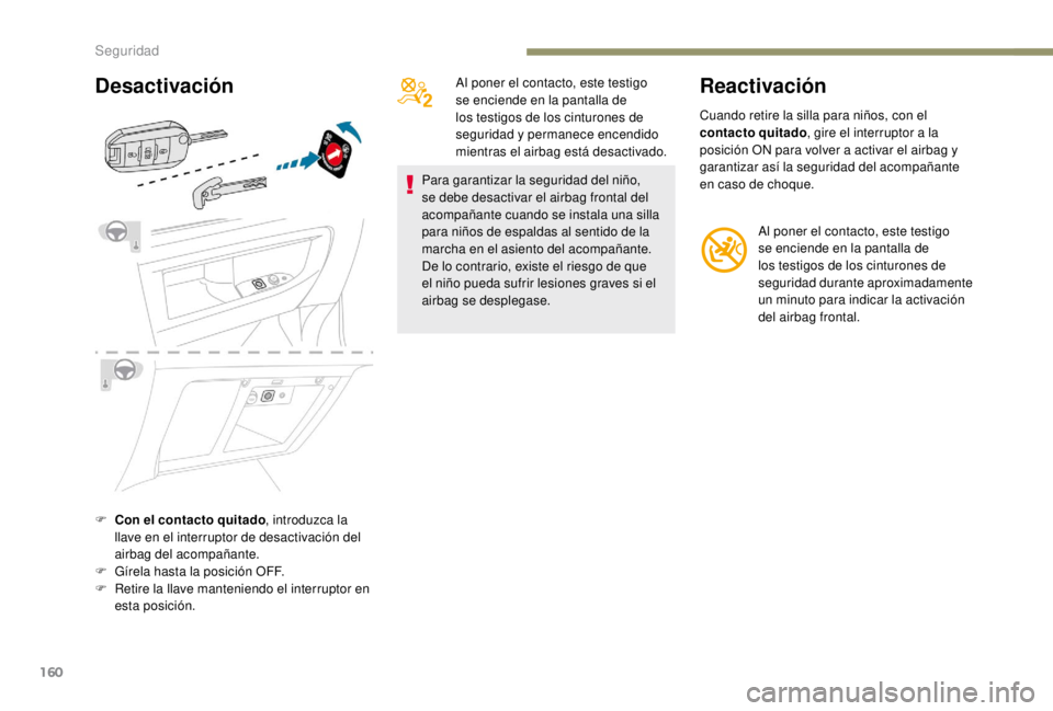 PEUGEOT EXPERT 2018 Manual del propietario (in Spanish) 160
Desactivación
F Con el contacto quitado, introduzca la
llave en el interruptor de desactivación del
airbag del acompañante.
F
G
írela hasta la posición OFF.
F
R
etire la llave manteni PEUGEOT EXPERT 2018 Manual del propietario (in Spanish) 160
Desactivación
F Con el contacto quitado, introduzca la
llave en el interruptor de desactivación del
airbag del acompañante.
F
G
írela hasta la posición OFF.
F
R
etire la llave manteni