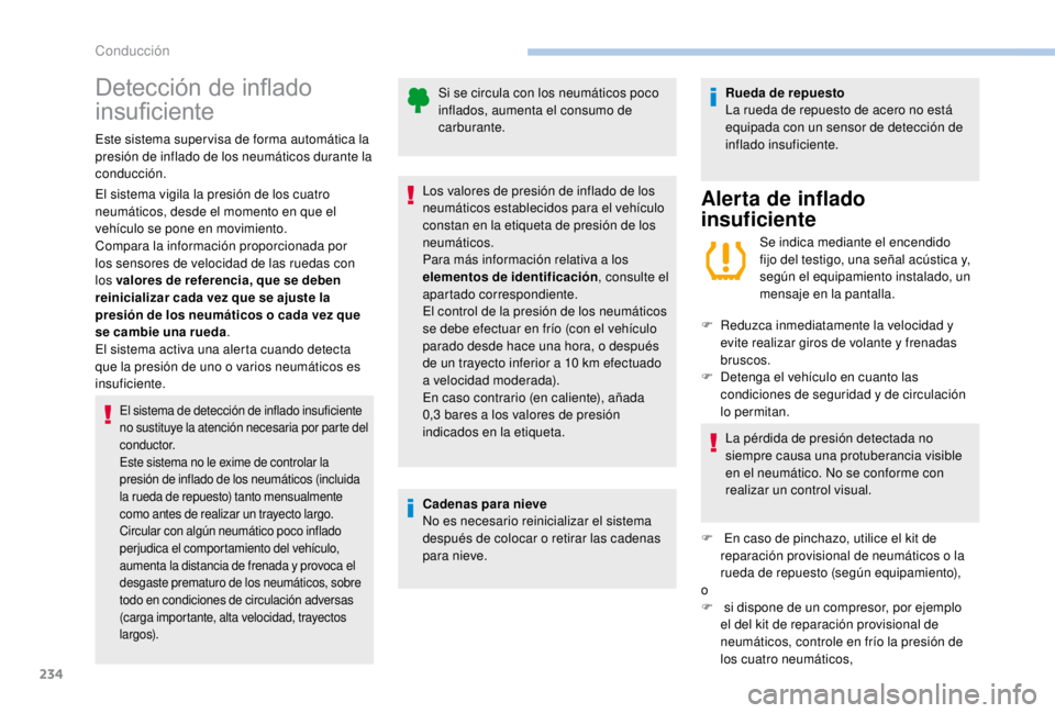 PEUGEOT EXPERT 2018 Manual del propietario (in Spanish) 234
Detección de inflado
insuficiente
Este sistema super visa de forma automática la
presión de inflado de los neumáticos durante la
conducción.
El sistema vigila la presión de los cuatro
ne PEUGEOT EXPERT 2018 Manual del propietario (in Spanish) 234
Detección de inflado
insuficiente
Este sistema super visa de forma automática la
presión de inflado de los neumáticos durante la
conducción.
El sistema vigila la presión de los cuatro
ne