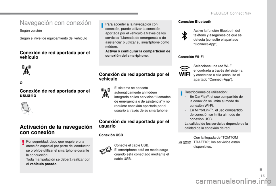 PEUGEOT EXPERT 2018  Manual del propietario (in Spanish) 15
Navegación con conexión
Según versión
Según el nivel de equipamiento del vehículo
Conexión de red aportada por el 
vehículo
O
Conexión de red aportada por el 
usuario
Activación de la nav