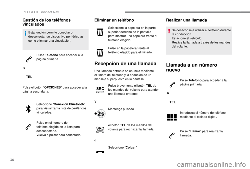 PEUGEOT EXPERT 2018 Manual del propietario (in Spanish) 30
Gestión de los teléfonos
vinculados
Esta función permite conectar o
desconectar un dispositivo periférico así
como eliminar una vinculación.
o Pulse Teléfono
para acceder a la
página PEUGEOT EXPERT 2018 Manual del propietario (in Spanish) 30
Gestión de los teléfonos
vinculados
Esta función permite conectar o
desconectar un dispositivo periférico así
como eliminar una vinculación.
o Pulse Teléfono
para acceder a la
página