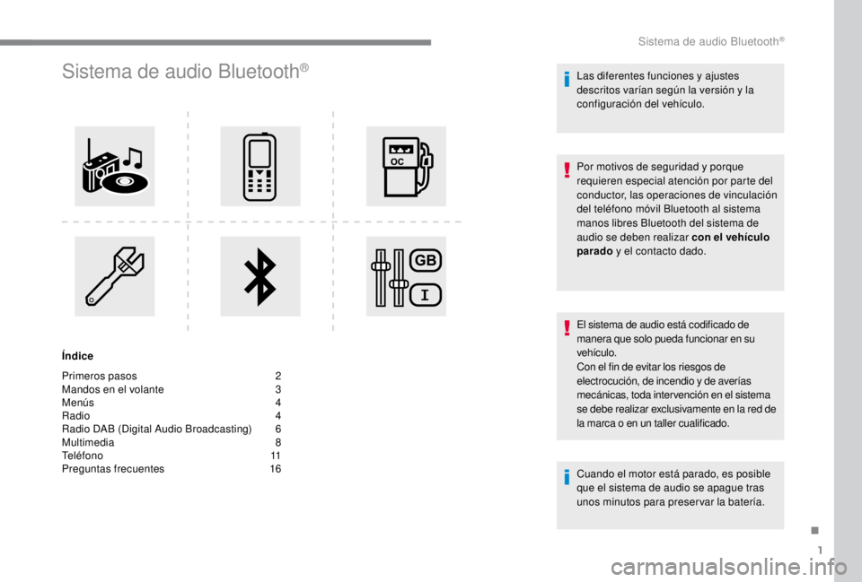 PEUGEOT EXPERT 2018 Manual del propietario (in Spanish) 1
Sistema de audio Bluetooth®
Índice
Primeros pasos
2
M
andos en el volante
3
M
enús
4
R
adio
4
R
adio DAB (Digital Audio Broadcasting)
6
M
ultimedia
8
T
eléfono
1
1
Pre PEUGEOT EXPERT 2018 Manual del propietario (in Spanish) 1
Sistema de audio Bluetooth®
Índice
Primeros pasos
2
M
andos en el volante
3
M
enús
4
R
adio
4
R
adio DAB (Digital Audio Broadcasting)
6
M
ultimedia
8
T
eléfono
1
1
Pre