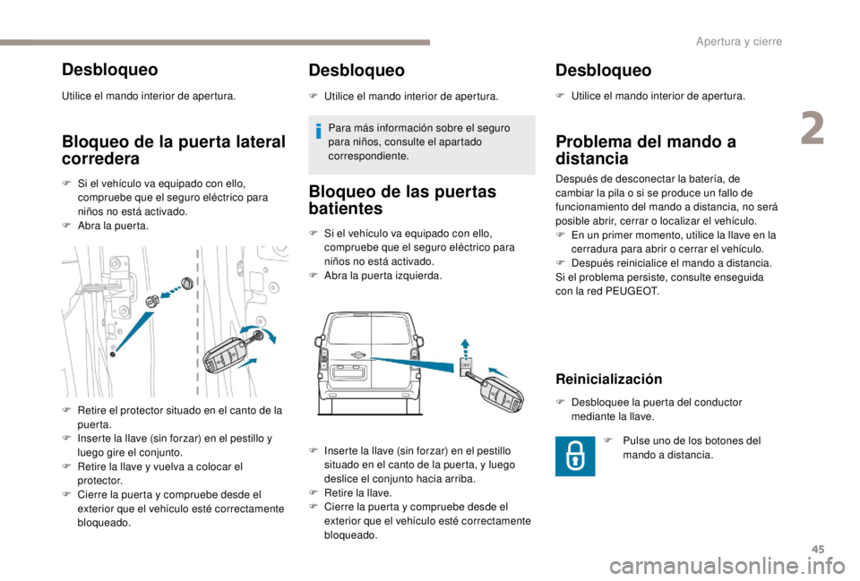 PEUGEOT EXPERT 2018 Manual del propietario (in Spanish) 45
Desbloqueo
Utilice el mando interior de apertura.
Bloqueo de la puerta lateral
corredera
F Si el vehículo va equipado con ello, compruebe que el seguro eléctrico para
niños no está activado.
PEUGEOT EXPERT 2018 Manual del propietario (in Spanish) 45
Desbloqueo
Utilice el mando interior de apertura.
Bloqueo de la puerta lateral
corredera
F Si el vehículo va equipado con ello, compruebe que el seguro eléctrico para
niños no está activado.