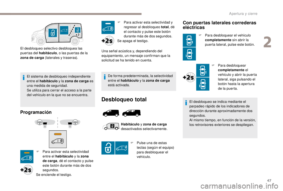 PEUGEOT EXPERT 2018 Manual del propietario (in Spanish) 47
El sistema de desbloqueo independiente
entre el habitáculo y la zona de carga es
una medida de seguridad.
Se utiliza para cerrar el acceso a la parte
del vehículo en la que no se encuentra.
El PEUGEOT EXPERT 2018 Manual del propietario (in Spanish) 47
El sistema de desbloqueo independiente
entre el habitáculo y la zona de carga es
una medida de seguridad.
Se utiliza para cerrar el acceso a la parte
del vehículo en la que no se encuentra.
El