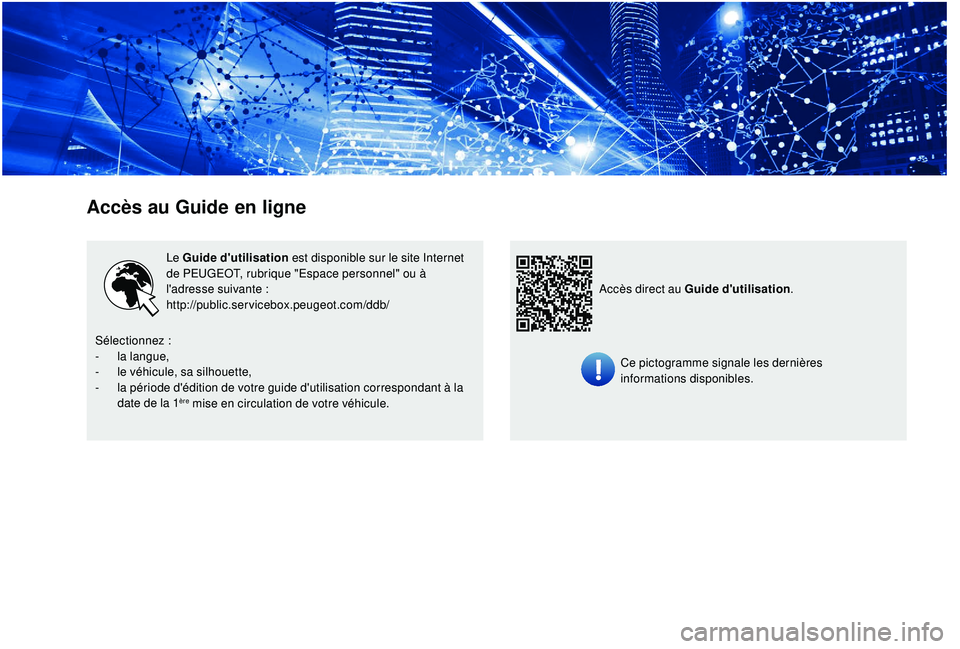 PEUGEOT EXPERT 2018  Manuel du propriétaire (in French) Accès au Guide en ligne
Le Guide d'utilisation est disponible sur le site Internet 
de PEUGEOT, rubrique "Espace personnel" ou à 
l'adresse suivante :
http://public.servicebox.peugeo