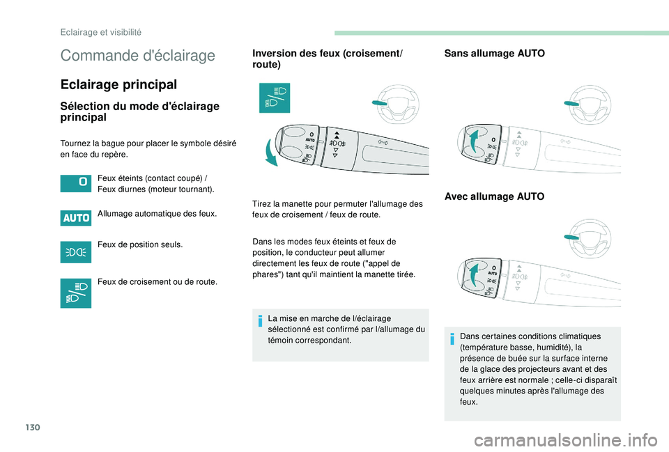 PEUGEOT EXPERT 2018  Manuel du propriétaire (in French) 130
Commande d'éclairage
Eclairage principal
Sélection du mode d'éclairage 
principal
Allumage automatique des feux.
Feux de position seuls.
Feux de croisement ou de route.
Inversion des fe
