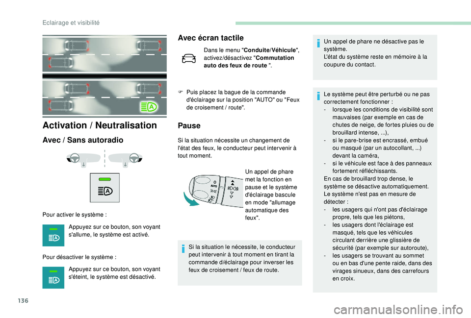 PEUGEOT EXPERT 2018  Manuel du propriétaire (in French) 136
Activation / Neutralisation
Avec / Sans autoradio
Pour activer le système :
A ppuyez sur ce bouton, son voyant 
s'allume, le système est activé.
Pour désactiver le système
  :
Appuyez sur