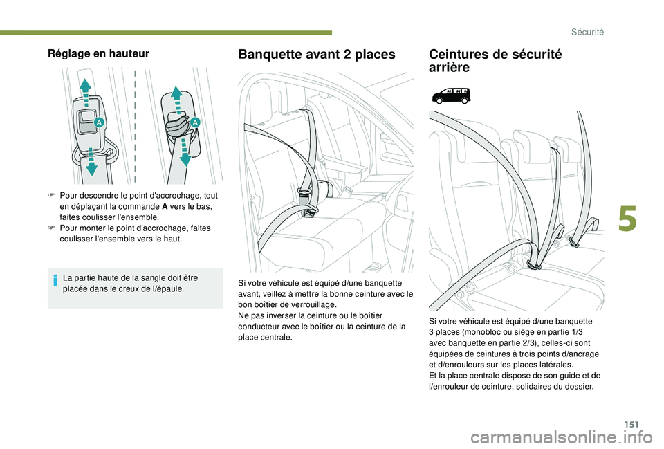 PEUGEOT EXPERT 2018  Manuel du propriétaire (in French) 151
Réglage en hauteur
F Pour descendre le point d'accrochage, tout en déplaçant la commande A vers le bas, 
faites coulisser l'ensemble.
F
 
P
 our monter le point d'accrochage, faites