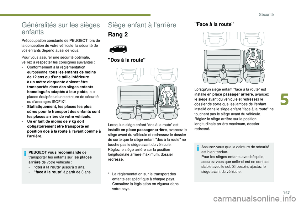 PEUGEOT EXPERT 2018  Manuel du propriétaire (in French) 157
Généralités sur les sièges 
enfants
* La réglementation sur le transport des enfants est spécifique à chaque pays. 
Consultez la législation en vigueur dans 
votre pays.
Préoccupation con
