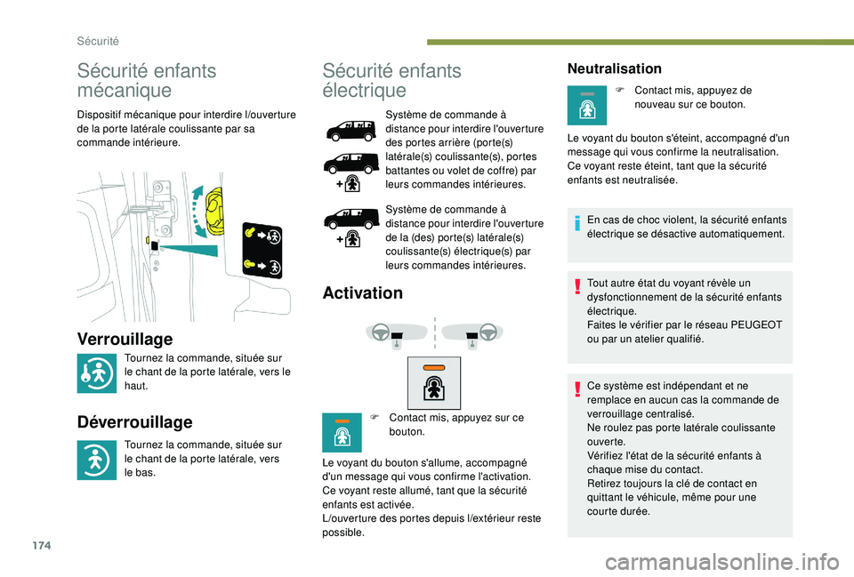PEUGEOT EXPERT 2018  Manuel du propriétaire (in French) 174
Sécurité enfants 
mécanique
Dispositif mécanique pour interdire l/ouverture 
de la porte latérale coulissante par sa 
commande intérieure.
Sécurité enfants 
électrique
Système de command