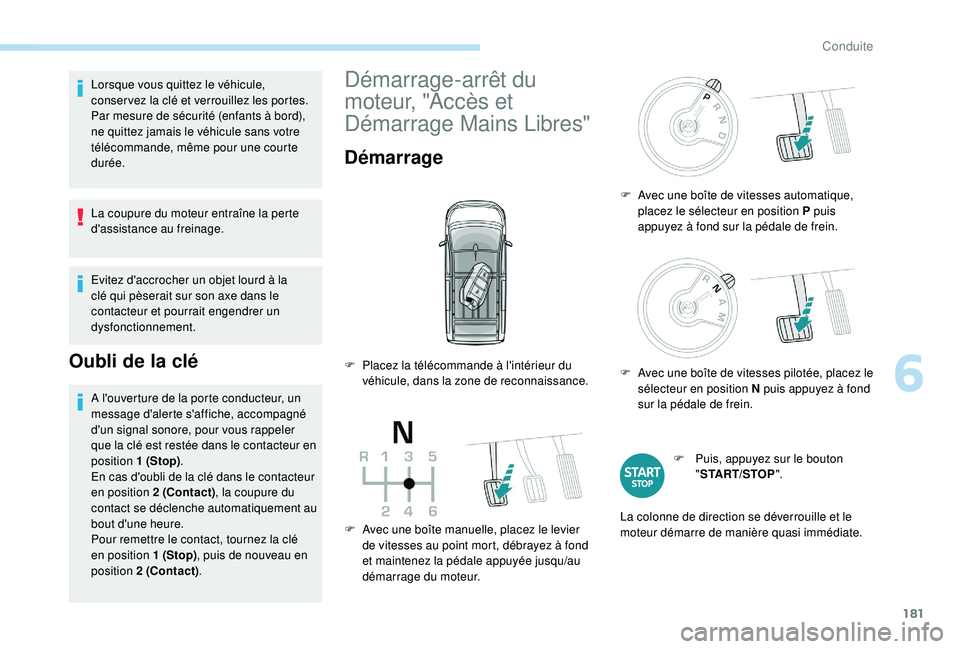PEUGEOT EXPERT 2018  Manuel du propriétaire (in French) 181
Lorsque vous quittez le véhicule, 
conser vez la clé et verrouillez les portes.
Par mesure de sécurité (enfants à bord), 
ne quittez jamais le véhicule sans votre 
télécommande, même pour