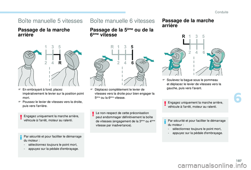 PEUGEOT EXPERT 2018  Manuel du propriétaire (in French) 187
Boîte manuelle 5 vitesses
Passage de la marche 
arrière
Engagez uniquement la marche arrière, 
véhicule à l'arrêt, moteur au ralenti.
Par sécurité et pour faciliter le démarrage 
du m