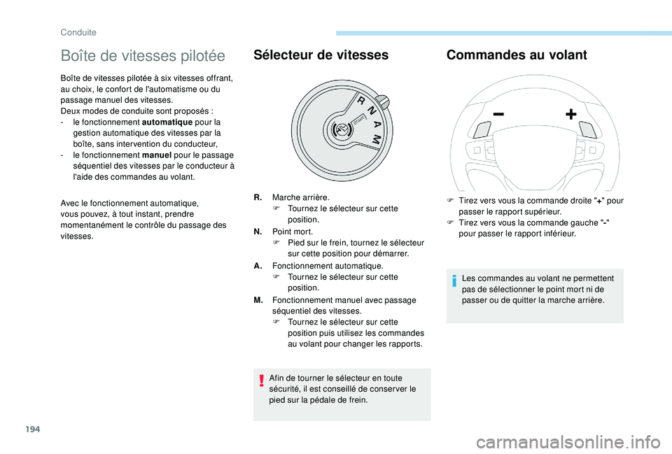 PEUGEOT EXPERT 2018  Manuel du propriétaire (in French) 194
Boîte de vitesses pilotée
Boîte de vitesses pilotée à six vitesses offrant, 
au choix, le confort de l'automatisme ou du 
passage manuel des vitesses.
Deux modes de conduite sont proposé