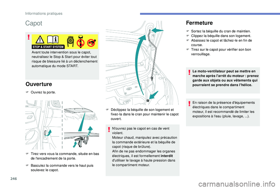PEUGEOT EXPERT 2018  Manuel du propriétaire (in French) 246
Capot
Ouverture
F Tirez vers vous la commande, située en bas de l'encadrement de la porte.
F
 
B
 asculez la commande vers le haut puis 
soulevez le capot. N'ouvrez pas le capot en cas de