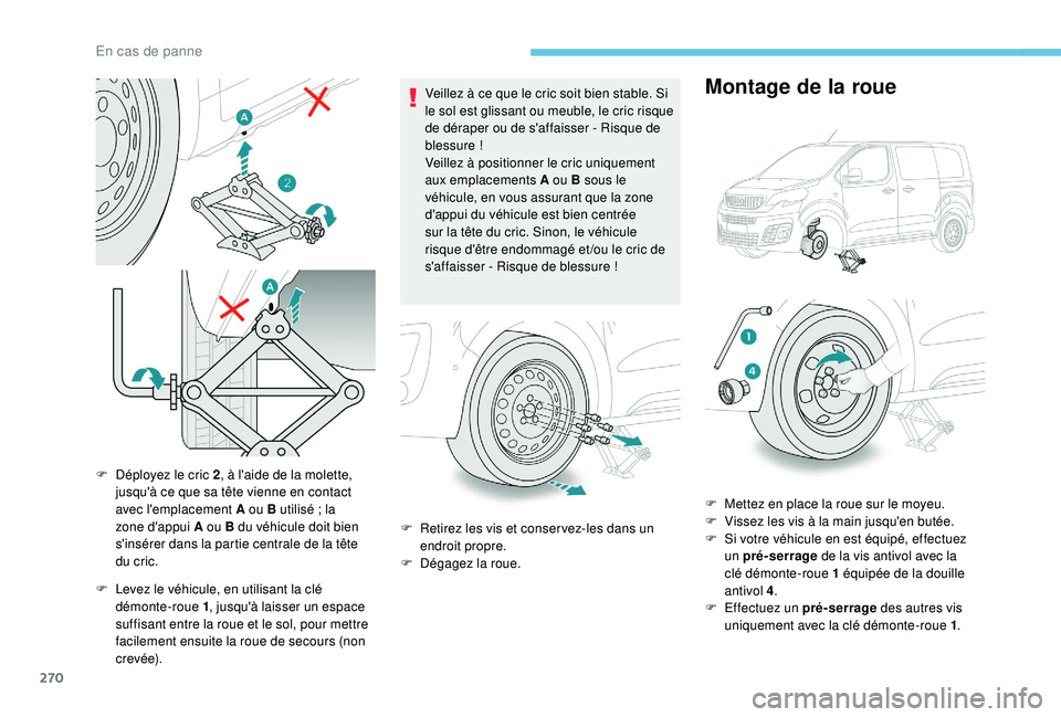 PEUGEOT EXPERT 2018  Manuel du propriétaire (in French) 270
F Levez le véhicule, en utilisant la clé démonte-roue 1 , jusqu'à laisser un espace 
suffisant entre la roue et le sol, pour mettre 
facilement ensuite la roue de secours (non 
c r evé e)