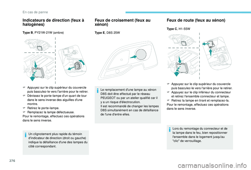PEUGEOT EXPERT 2018  Manuel du propriétaire (in French) 276
Indicateurs de direction (feux à 
halogènes)
Ty p e  B, PY21W-21W (ambre)
Un clignotement plus rapide du témoin 
d'indicateur de direction (droit ou gauche) 
indique la défaillance d'u
