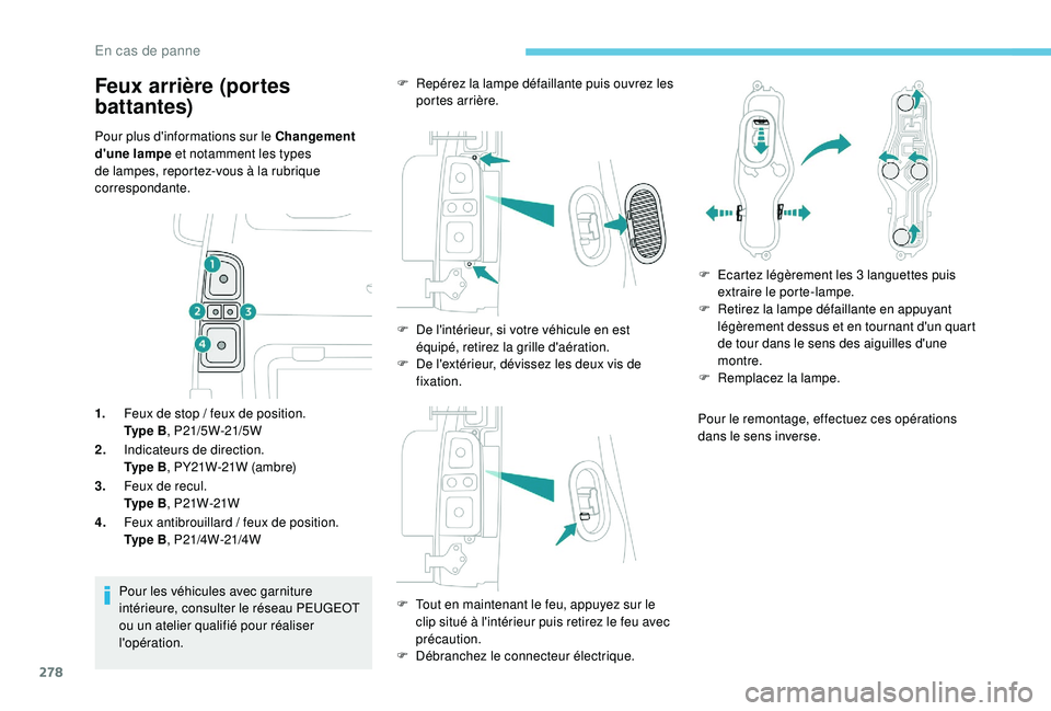 PEUGEOT EXPERT 2018  Manuel du propriétaire (in French) 278
Pour plus d'informations sur le Changement 
d'une lampe et notamment les types 
de lampes, reportez-vous à la rubrique 
correspondante.
1.Feux de stop
  / feux de position.
Ty p e  B , P2