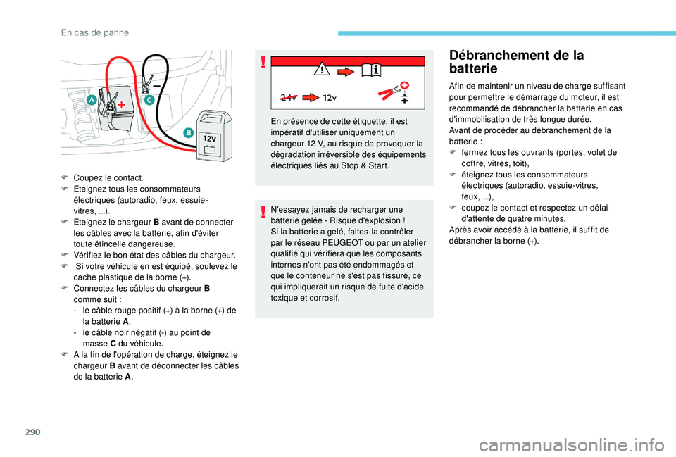 PEUGEOT EXPERT 2018  Manuel du propriétaire (in French) 290
N'essayez jamais de recharger une 
batterie gelée - Risque d'explosion !
Si la batterie a gelé, faites-la contrôler 
par le réseau PEUGEOT ou par un atelier 
qualifié qui vérifiera q