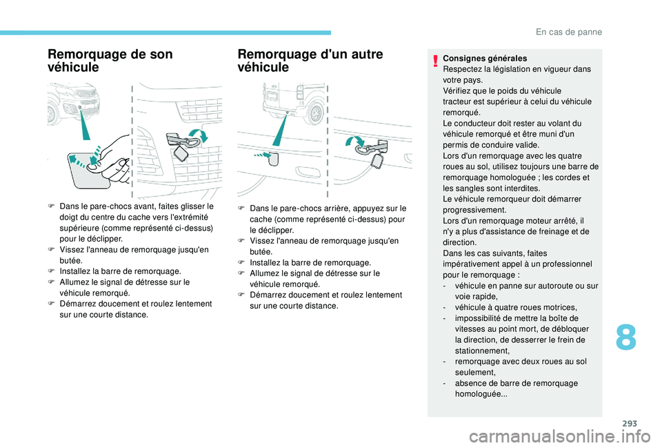 PEUGEOT EXPERT 2018  Manuel du propriétaire (in French) 293
Remorquage de son 
véhiculeRemorquage d'un autre 
véhicule
F Dans le pare-chocs avant, faites glisser le 
doigt du centre du cache vers l'extrémité 
supérieure (comme représenté ci-