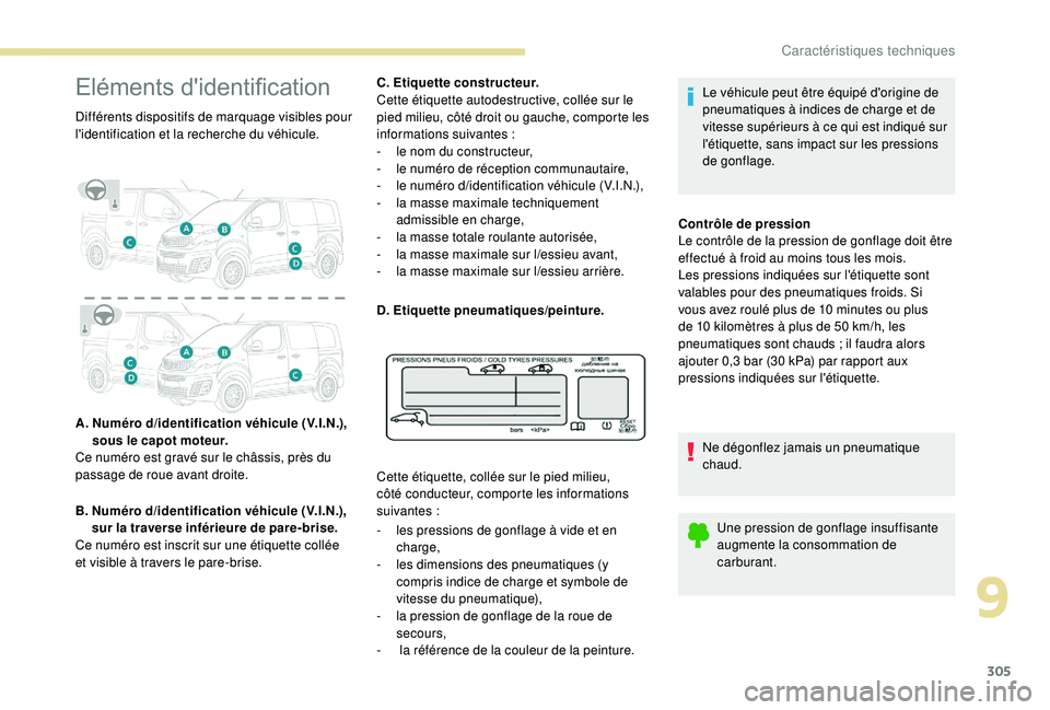 PEUGEOT EXPERT 2018  Manuel du propriétaire (in French) 305
Eléments d'identification
Différents dispositifs de marquage visibles pour 
l'identification et la recherche du véhicule.
A.  
N
 uméro d
/i
 dentification véhicule (V.I.N.), 
sous le