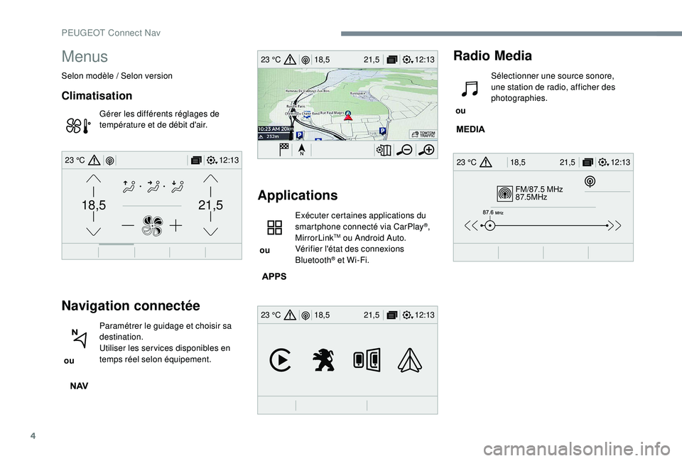 PEUGEOT EXPERT 2018  Manuel du propriétaire (in French) 4
FM/87.5 MHz
87.5MHz
12:13
18,5 21,5
23 °C
12:13
18,5 21,5
23 °C
12:13
18,5 21,5
23 °C
21,518,5
12:1323 °C
Menus
Selon modèle  / Selon version
Climatisation
Gérer les différents réglages de 
