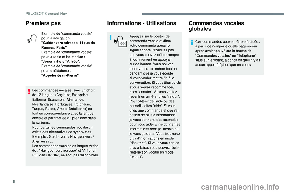 PEUGEOT EXPERT 2018  Manuel du propriétaire (in French) 6
Premiers pas
Exemple de "commande vocale" 
pour la navigation  :
"Guider vers adresse, 11 rue de 
Rennes, Paris" .
Exemple de "commande vocale" 
pour la radio et les medias
 