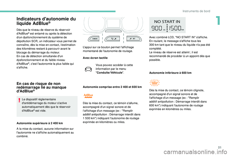 PEUGEOT EXPERT 2018  Manuel du propriétaire (in French) 31
Indicateurs d'autonomie du 
liquide AdBlue®
Dès que le niveau de réser ve du réser voir 
d'AdBlue® est entamé ou après la détection 
d/u
n dysfonctionnement du système de 
dépollu