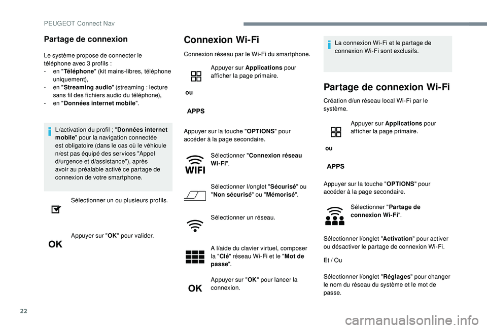 PEUGEOT EXPERT 2018  Manuel du propriétaire (in French) 22
Partage de connexion
Le système propose de connecter le 
téléphone avec 3 profils  :
-
 
e
 n "Téléphone " (kit mains-libres, téléphone 
uniquement),
-
 
e
 n "Streaming audio &#