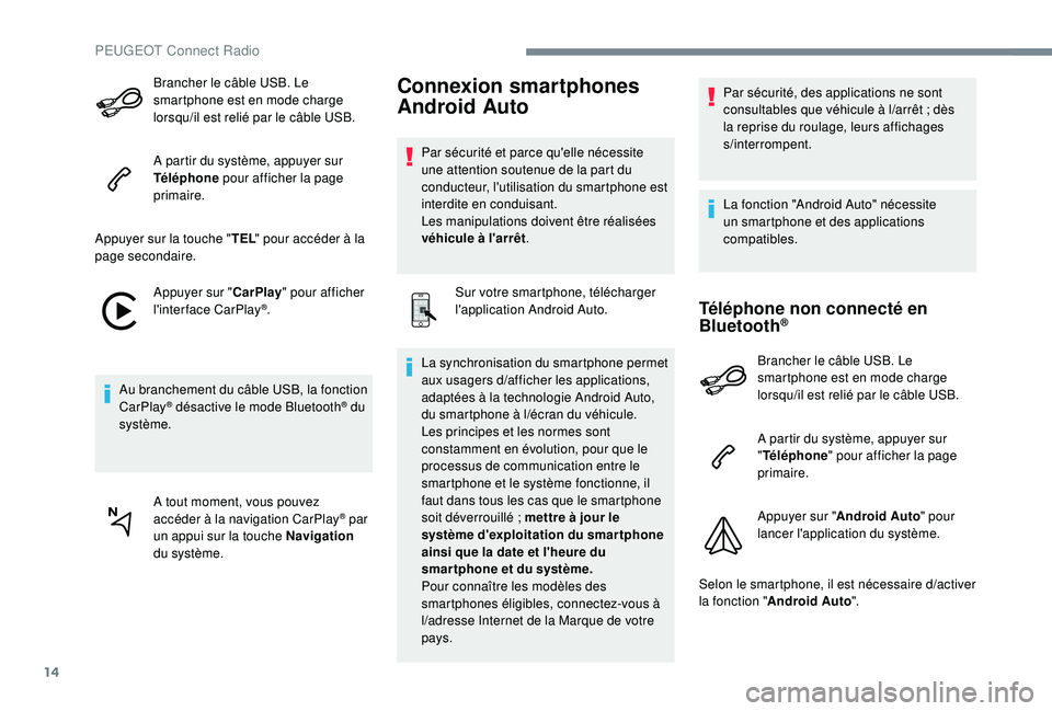 PEUGEOT EXPERT 2018  Manuel du propriétaire (in French) 14
Brancher le câble USB. Le 
smartphone est en mode charge 
lorsqu
/i
l est relié par le câble USB.
A partir du système, appuyer sur 
Téléphone  pour afficher la page 
primaire.
Appuyer sur la 