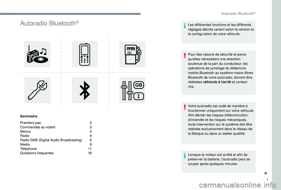 PEUGEOT EXPERT 2018  Manuel du propriétaire (in French) 1
Autoradio Bluetooth®
Sommaire
Premiers pas  
2
C

ommandes au volant   
3
M

enus   
4
R

adio   
4
R

adio DAB (Digital Audio Broadcasting)   
6
M

edia   
8
T

éléphone   
1
 1
Questions fréqu