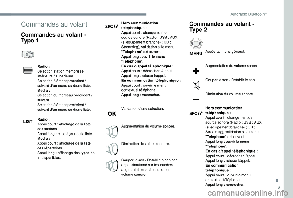 PEUGEOT EXPERT 2018  Manuel du propriétaire (in French) 3
Commandes au volant
Commandes au volant - 
Ty p e  1
Radio :
Sélection station mémorisée 
inférieure / supérieure.
Sélection élément précédent / 
suivant d
/un
 menu ou d
/un
 e liste.
Med