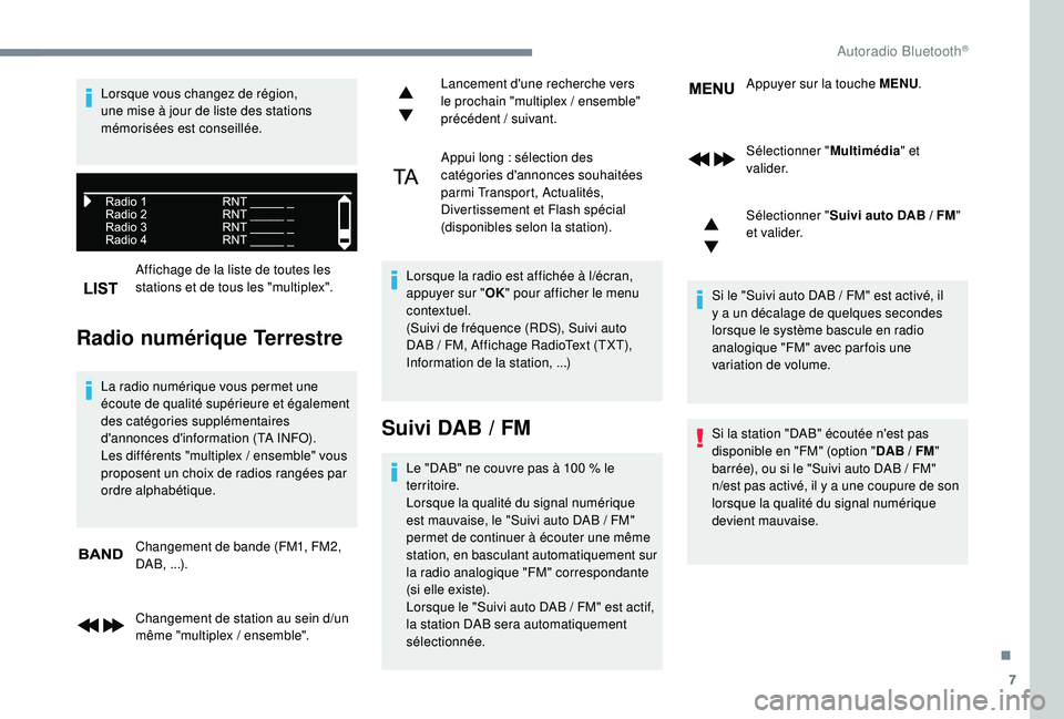 PEUGEOT EXPERT 2018  Manuel du propriétaire (in French) 7
Affichage de la liste de toutes les 
stations et de tous les "multiplex".
Radio numérique Terrestre
La radio numérique vous permet une 
écoute de qualité supérieure et également 
des c