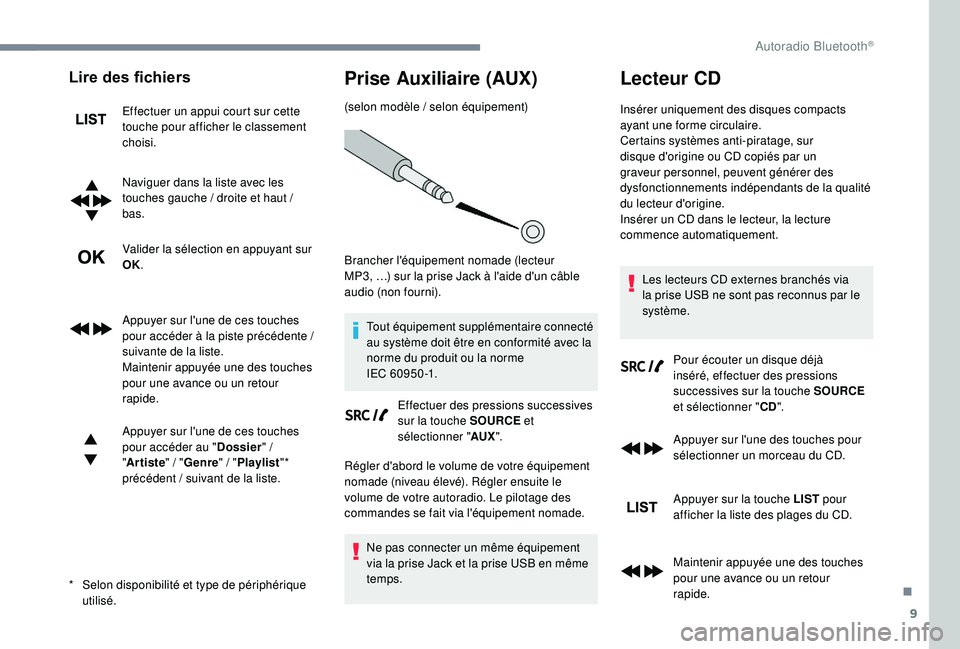 PEUGEOT EXPERT 2018  Manuel du propriétaire (in French) 9
Lire des fichiers
Effectuer un appui court sur cette 
touche pour afficher le classement 
choisi.
Naviguer dans la liste avec les 
touches gauche / droite et haut / 
bas.
Valider la sélection en ap