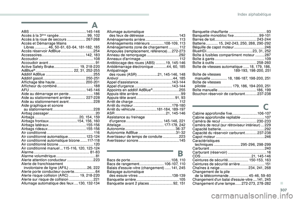 PEUGEOT EXPERT 2018  Manuel du propriétaire (in French) 307
ABS ........................................................145 -14 6
Accès à la 3ème rangée ............................ 9 9, 102
Accès à la roue de secours   ..................267-268
Acc