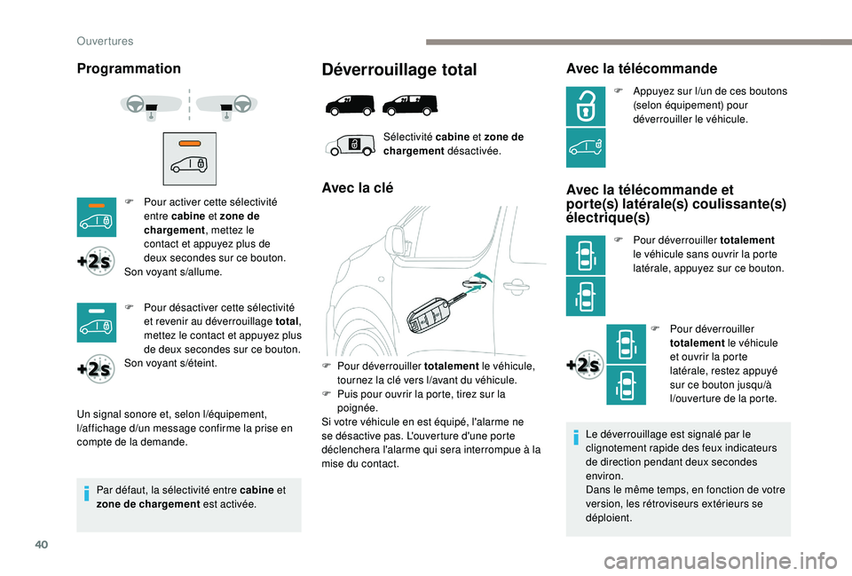 PEUGEOT EXPERT 2018 Manuel du propriétaire (in French) 40
Le déverrouillage est signalé par le
clignotement rapide des feux indicateurs
de direction pendant deux secondes
environ.
Dans le même temps, en fonction de votre
version, les rétroviseurs PEUGEOT EXPERT 2018 Manuel du propriétaire (in French) 40
Le déverrouillage est signalé par le
clignotement rapide des feux indicateurs
de direction pendant deux secondes
environ.
Dans le même temps, en fonction de votre
version, les rétroviseurs