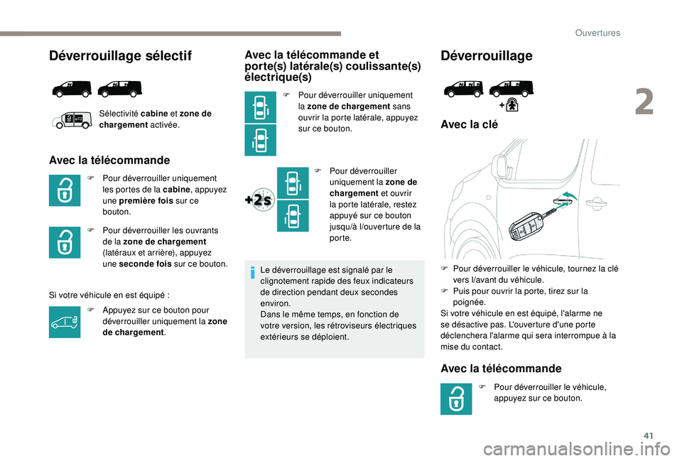 PEUGEOT EXPERT 2018 Manuel du propriétaire (in French) 41
Déverrouillage sélectif
Avec la télécommande
F Pour déverrouiller uniquement les portes de la cabine , appuyez
une première fois sur ce
bouton.
Si votre véhicule en est équipé
:
Avec PEUGEOT EXPERT 2018 Manuel du propriétaire (in French) 41
Déverrouillage sélectif
Avec la télécommande
F Pour déverrouiller uniquement les portes de la cabine , appuyez
une première fois sur ce
bouton.
Si votre véhicule en est équipé
:
Avec