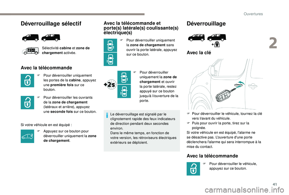 PEUGEOT EXPERT 2018  Manuel du propriétaire (in French) 41
Déverrouillage sélectif
Avec la télécommande
F Pour déverrouiller uniquement les portes de la cabine , appuyez 
une première fois  sur ce 
bouton.
Si votre véhicule en est équipé
  :
Avec 