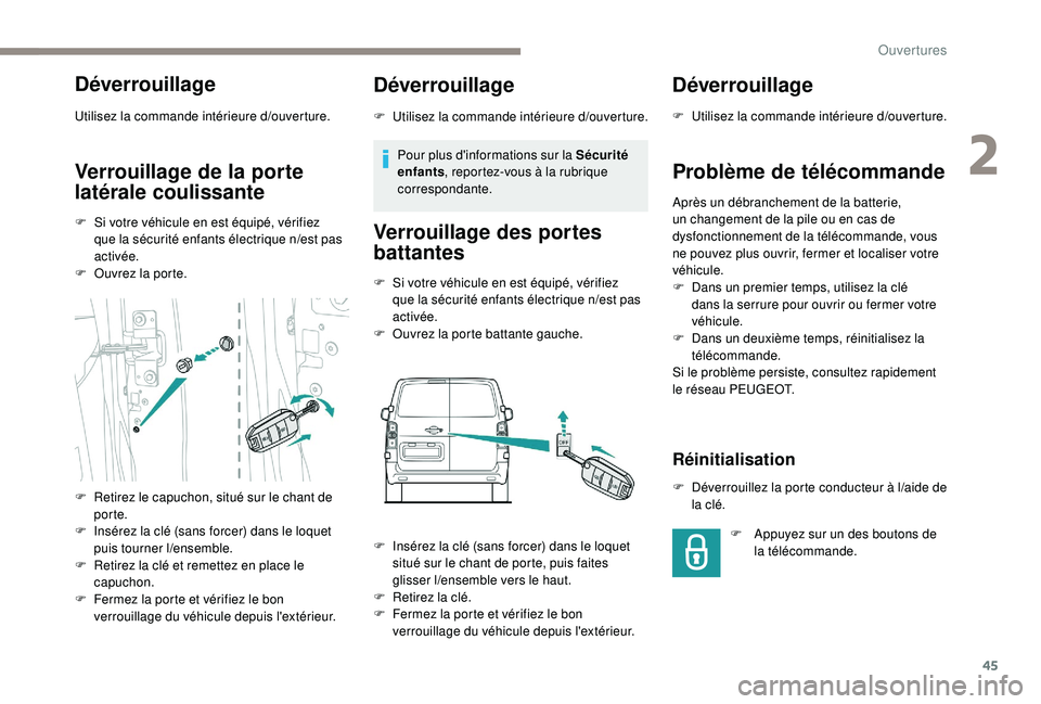 PEUGEOT EXPERT 2018 Manuel du propriétaire (in French) 45
Déverrouillage
Utilisez la commande intérieure d/ouverture.
Verrouillage de la porte
latérale coulissante
F Si votre véhicule en est équipé, vérifiez
que la sécurité enfants électrique PEUGEOT EXPERT 2018 Manuel du propriétaire (in French) 45
Déverrouillage
Utilisez la commande intérieure d/ouverture.
Verrouillage de la porte
latérale coulissante
F Si votre véhicule en est équipé, vérifiez
que la sécurité enfants électrique