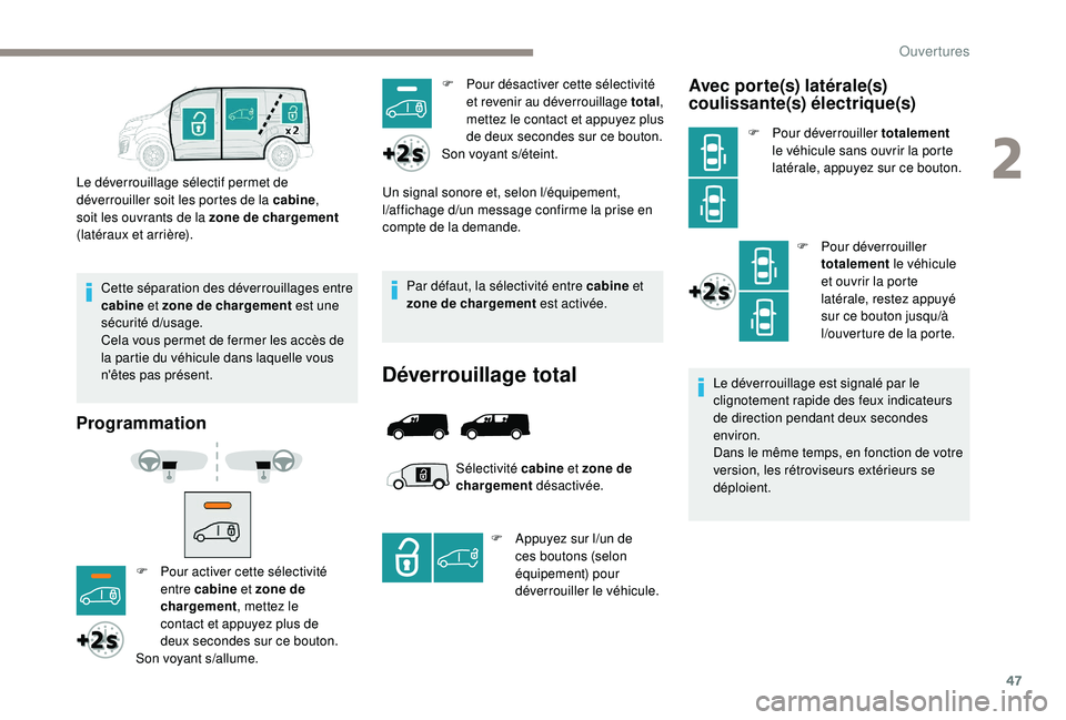 PEUGEOT EXPERT 2018  Manuel du propriétaire (in French) 47
Cette séparation des déverrouillages entre 
cabine et zone de chargement  est une 
sécurité d
/us

age.
Cela vous permet de fermer les accès de 
la partie du véhicule dans laquelle vous 
n