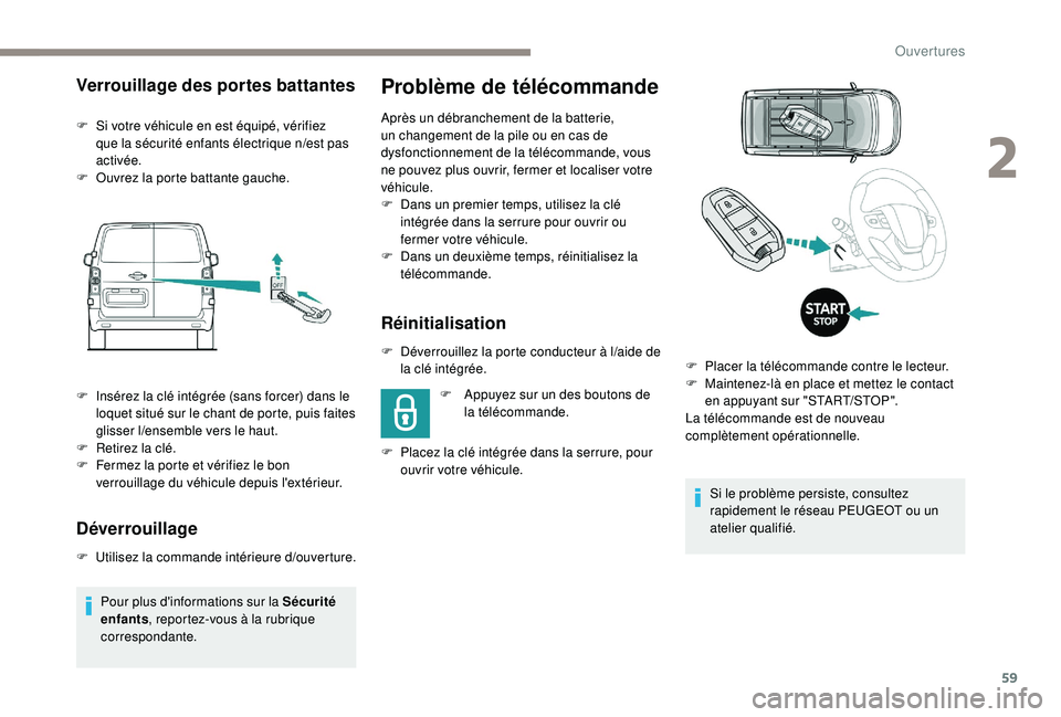 PEUGEOT EXPERT 2018 Manuel du propriétaire (in French) 59
Problème de télécommande
Après un débranchement de la batterie,
un changement de la pile ou en cas de
dysfonctionnement de la télécommande, vous
ne pouvez plus ouvrir, fermer et localiser PEUGEOT EXPERT 2018 Manuel du propriétaire (in French) 59
Problème de télécommande
Après un débranchement de la batterie,
un changement de la pile ou en cas de
dysfonctionnement de la télécommande, vous
ne pouvez plus ouvrir, fermer et localiser
