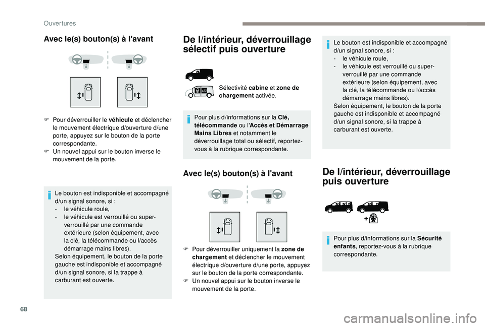 PEUGEOT EXPERT 2018 Manuel du propriétaire (in French) 68
Avec le(s) bouton(s) à l'avant
F Pour déverrouiller le véhicule et déclencher
le mouvement électrique d/o uverture d/u ne
porte, appuyez sur le bouton de la porte
correspondante.
F
U
PEUGEOT EXPERT 2018 Manuel du propriétaire (in French) 68
Avec le(s) bouton(s) à l'avant
F Pour déverrouiller le véhicule et déclencher
le mouvement électrique d/o uverture d/u ne
porte, appuyez sur le bouton de la porte
correspondante.
F
U