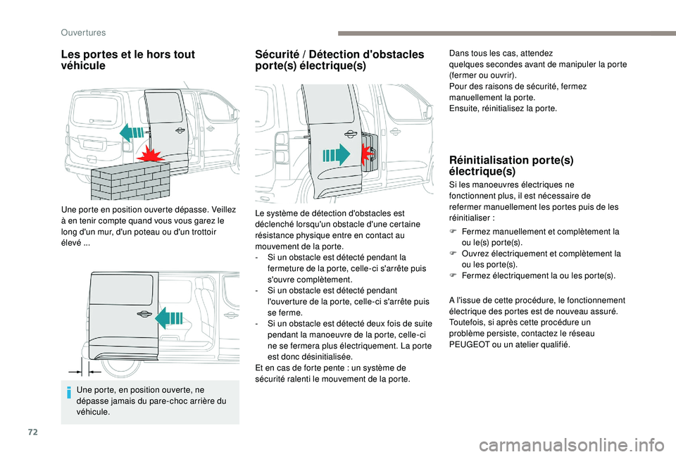 PEUGEOT EXPERT 2018 Manuel du propriétaire (in French) 72
Les portes et le hors tout
véhicule
Une porte en position ouverte dépasse. Veillez
à en tenir compte quand vous vous garez le
long d'un mur, d'un poteau ou d'un trottoir
élevé
PEUGEOT EXPERT 2018 Manuel du propriétaire (in French) 72
Les portes et le hors tout
véhicule
Une porte en position ouverte dépasse. Veillez
à en tenir compte quand vous vous garez le
long d'un mur, d'un poteau ou d'un trottoir
élevé
