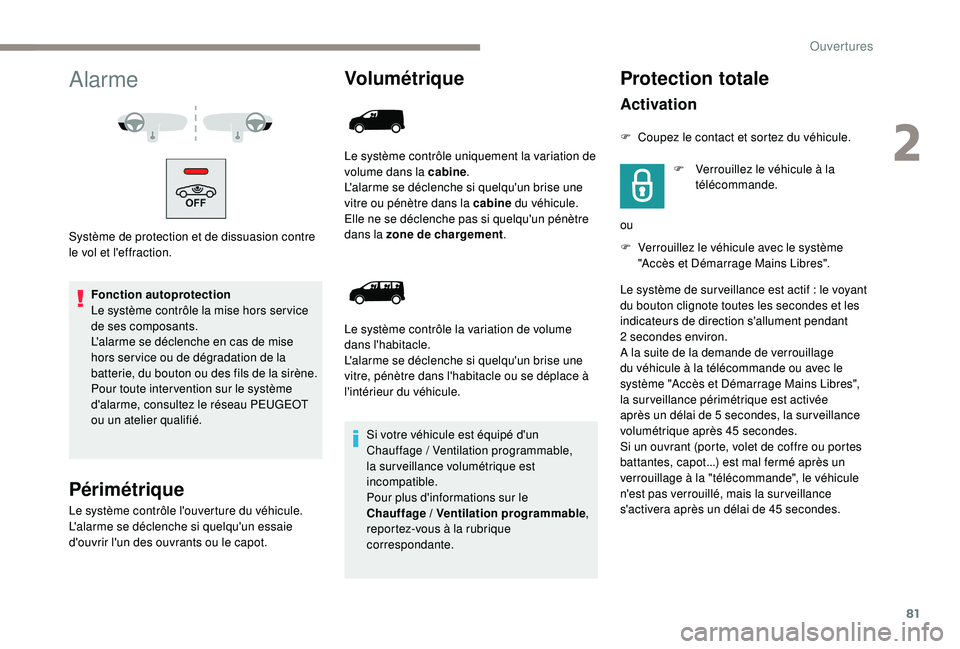 PEUGEOT EXPERT 2018  Manuel du propriétaire (in French) 81
Alarme
Système de protection et de dissuasion contre 
le vol et l'effraction.Fonction autoprotection
Le système contrôle la mise hors ser vice 
de ses composants.
L'alarme se déclenche 