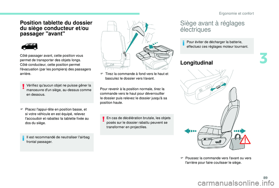 PEUGEOT EXPERT 2018 Manuel du propriétaire (in French) 89
Position tablette du dossier
du siège conducteur et/ou
passager "avant"
Vérifiez qu'aucun objet ne puisse gêner la
manoeuvre d'un siège, au-dessus comme
en dessous.
F
P
l PEUGEOT EXPERT 2018 Manuel du propriétaire (in French) 89
Position tablette du dossier
du siège conducteur et/ou
passager "avant"
Vérifiez qu'aucun objet ne puisse gêner la
manoeuvre d'un siège, au-dessus comme
en dessous.
F
P
l