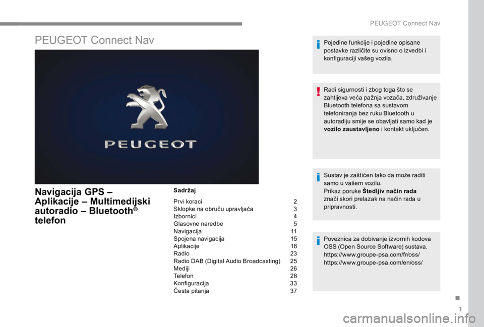 PEUGEOT EXPERT 2018 Upute Za Rukovanje (in Croatian) 1
PEUGEOT Connect Nav
Navigacija GPS –
Aplikacije – Multimedijski
autoradio – Bluetooth
®
telefon
Sadržaj
Pr vi koraci
2
S
klopke na obruču upravljača
3
I
zbornici
4
G
lasovn PEUGEOT EXPERT 2018 Upute Za Rukovanje (in Croatian) 1
PEUGEOT Connect Nav
Navigacija GPS –
Aplikacije – Multimedijski
autoradio – Bluetooth
®
telefon
Sadržaj
Pr vi koraci
2
S
klopke na obruču upravljača
3
I
zbornici
4
G
lasovn