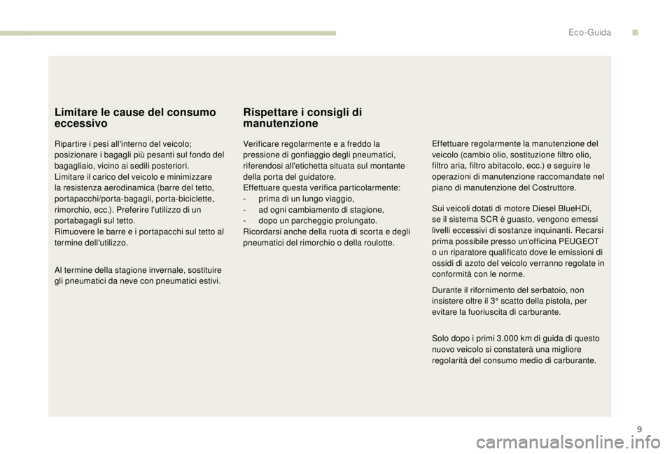 PEUGEOT EXPERT 2018  Manuale duso (in Italian) 9
Limitare le cause del consumo 
eccessivo
Ripartire i pesi all'interno del veicolo; 
posizionare i bagagli più pesanti sul fondo del 
bagagliaio, vicino ai sedili posteriori.
Limitare il carico 