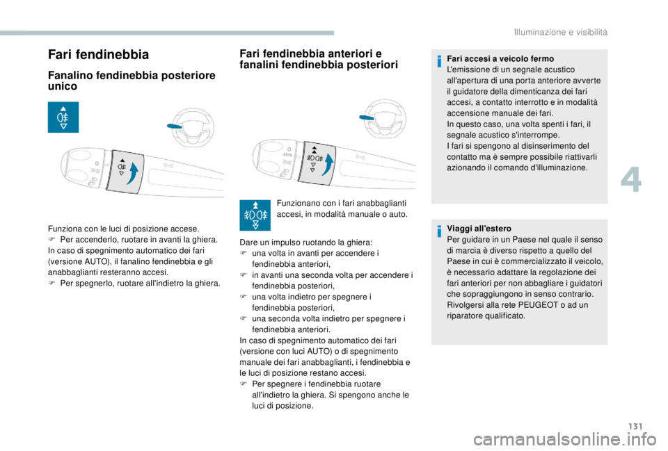 PEUGEOT EXPERT 2018  Manuale duso (in Italian) 131
Fari fendinebbia
Fanalino fendinebbia posteriore 
unicoFari fendinebbia anteriori e 
fanalini fendinebbia posteriori
Funziona con le luci di posizione accese.
F
 Pe r accenderlo, ruotare in avanti